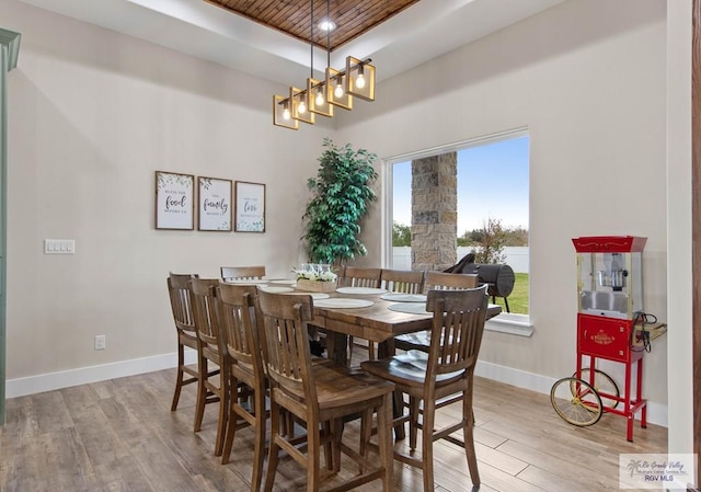 dining space with wooden ceiling, wood finished floors, and baseboards