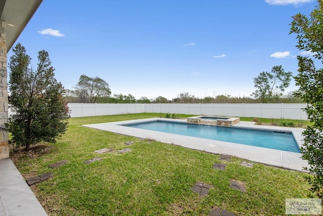 view of pool with a fenced backyard, a pool with connected hot tub, and a lawn