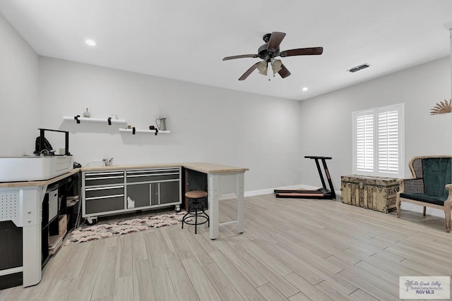 miscellaneous room with light hardwood / wood-style flooring and ceiling fan