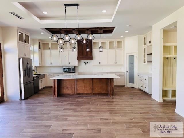 16602 Napper Ln, Primera, TX 78552 - kitchen featuring stainless steel appliances, a raised ceiling, a kitchen island, light wood-type flooring, and recessed lighting