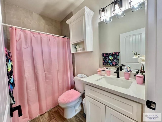 3706 Bea Ave, Harlingen, TX 78552 - full bathroom with toilet, vanity, a shower with shower curtain, and wood finished floors