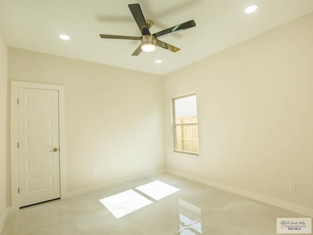 empty room featuring light tile patterned floors, ceiling fan, recessed lighting, and baseboards