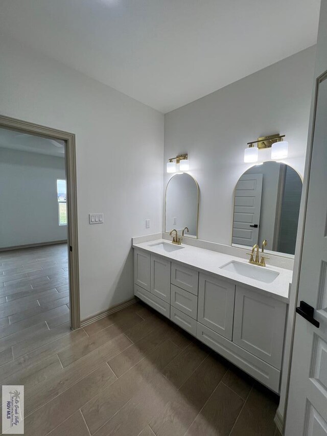 bathroom with hardwood / wood-style floors and vanity