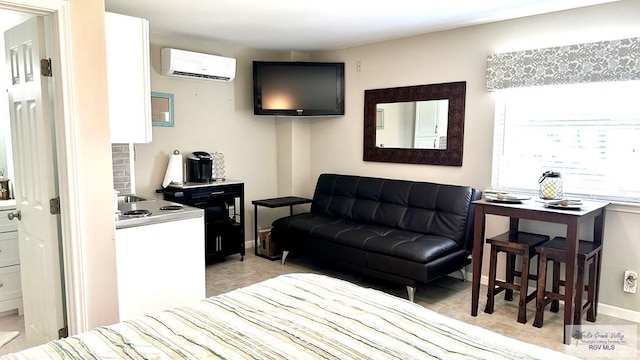 tiled living room featuring a wall mounted air conditioner