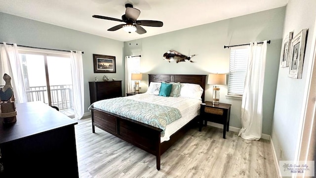 bedroom with ceiling fan, access to outside, and light hardwood / wood-style floors