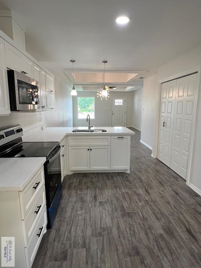 kitchen with sink, dark hardwood / wood-style floors, kitchen peninsula, white cabinets, and appliances with stainless steel finishes