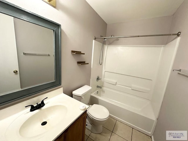 bathroom with shower / bathing tub combination, vanity, toilet, and tile patterned floors