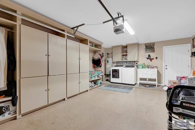 garage featuring a garage door opener, water heater, and separate washer and dryer