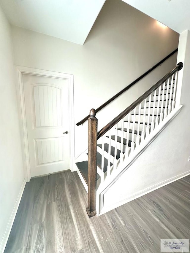 stairs with hardwood / wood-style floors