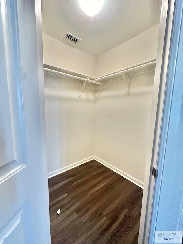 walk in closet with dark hardwood / wood-style flooring