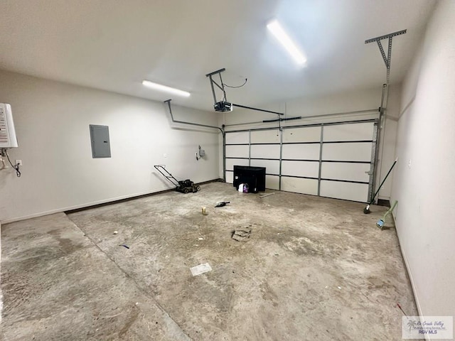 garage with electric panel and a garage door opener