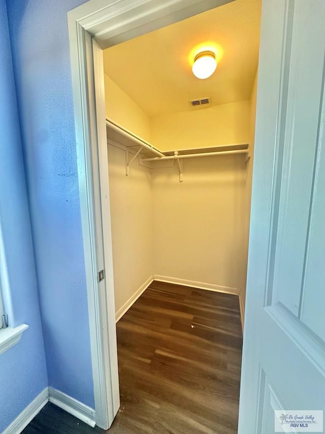 spacious closet with dark hardwood / wood-style flooring