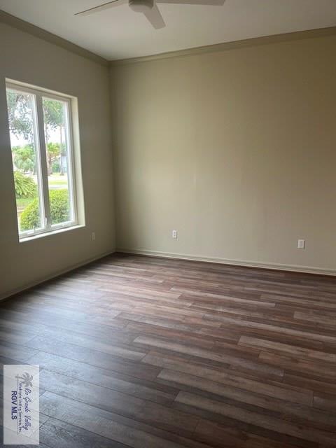 71 Cortez Ave, Rancho Viejo, TX 78575 - empty room with ceiling fan, dark wood-style flooring, and ornamental molding