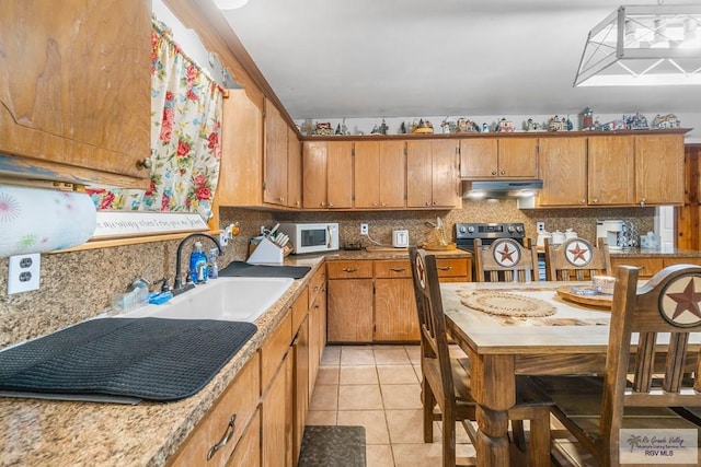 27858 Bixby Rd, La Feria, TX 78559 - kitchen featuring under cabinet range hood, white microwave, electric stove, tasteful backsplash, and a sink