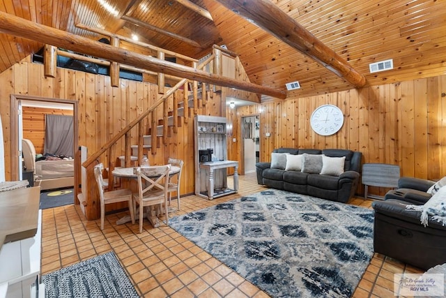 27858 Bixby Rd, La Feria, TX 78559 - tiled living area with stairs, wood walls, and wood ceiling