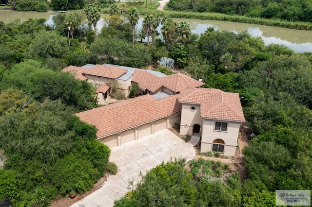 aerial view featuring a water view