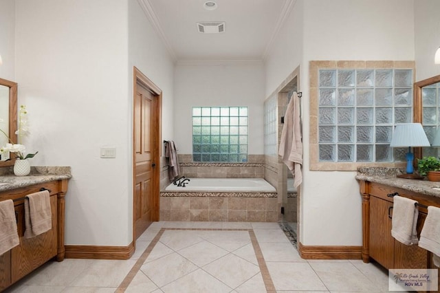 bathroom with tile patterned floors, crown molding, and vanity