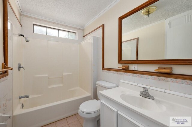 full bathroom with vanity, shower / bathtub combination, crown molding, and a textured ceiling