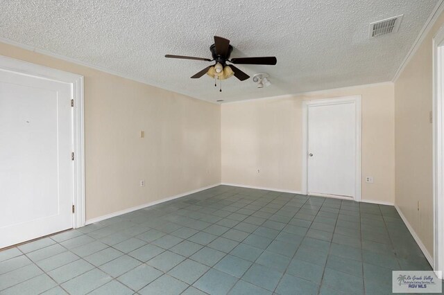 unfurnished room featuring tile patterned floors, ceiling fan, crown molding, and a textured ceiling