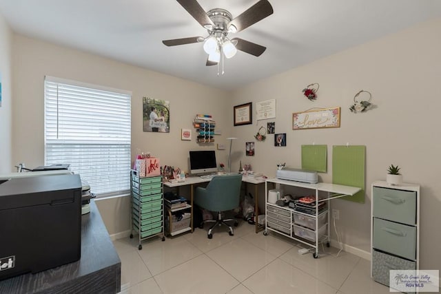 tiled office with ceiling fan