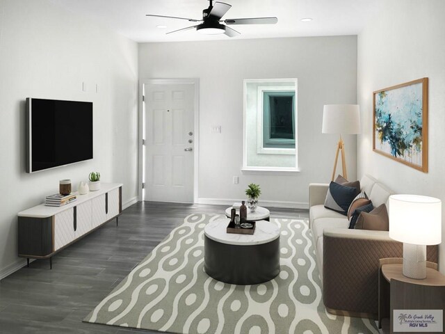 1105 W La Pointe Ave, Alton, TX 78573 - living area featuring dark wood-style floors, a ceiling fan, and baseboards