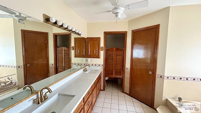 bathroom featuring tile patterned flooring, vanity, and ceiling fan