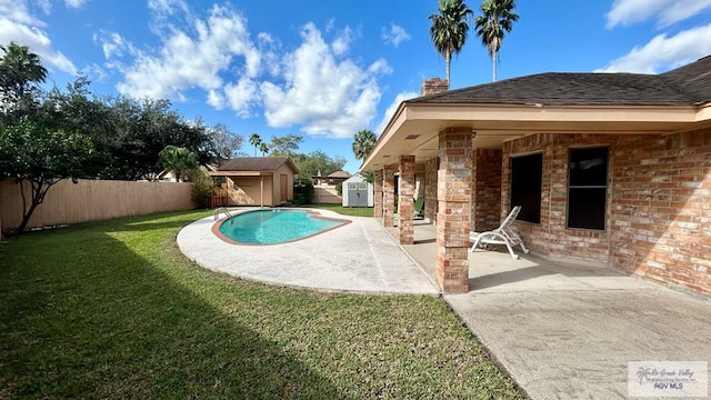 view of pool with a yard, a patio, and a shed