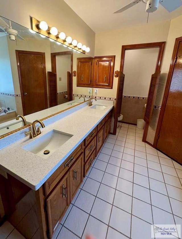 bathroom featuring tile patterned floors, ceiling fan, vanity, and toilet