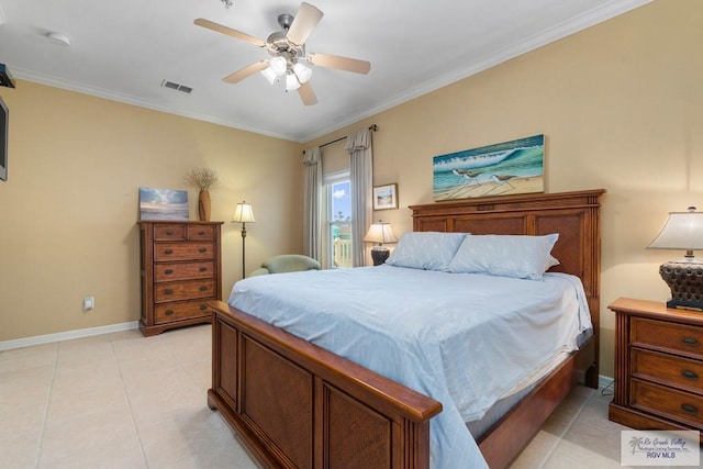 129 E Cora Lee Dr Unit 205, South Padre Island, TX 78597 - bedroom featuring light tile patterned floors, crown molding, a ceiling fan, visible vents, and baseboards
