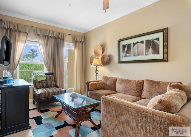 129 E Cora Lee Dr Unit 205, South Padre Island, TX 78597 - living room with crown molding and ceiling fan