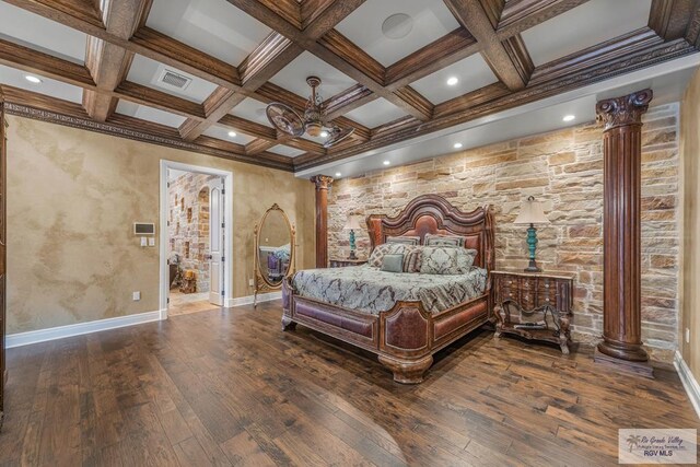 bedroom with crown molding, ceiling fan, and wood-type flooring