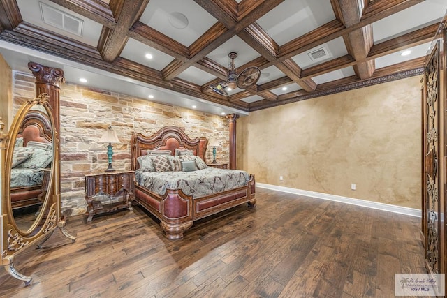 bedroom with dark hardwood / wood-style flooring, beam ceiling, and coffered ceiling