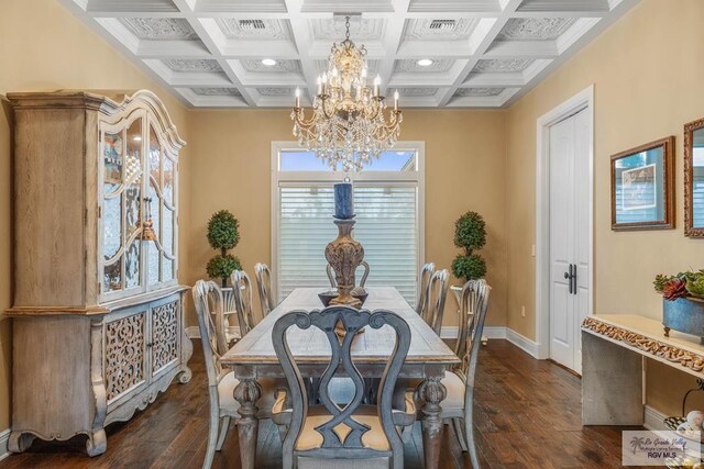 dining space featuring dark hardwood / wood-style flooring, coffered ceiling, a chandelier, and beamed ceiling