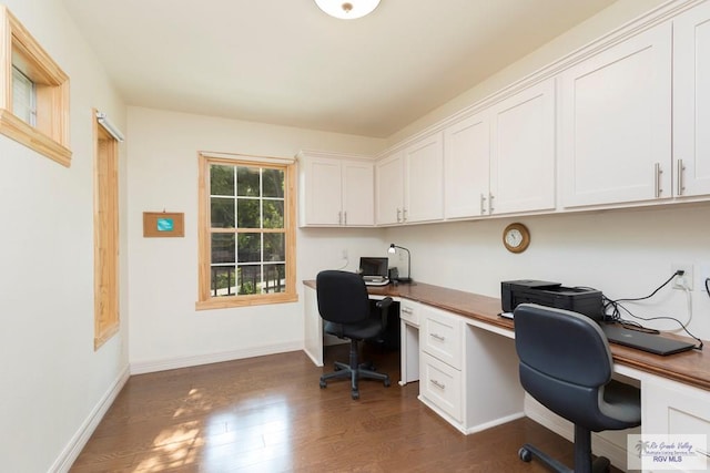 701 S Parker Rd, La Feria, TX 78559 - office with baseboards, dark wood-style flooring, and built in desk
