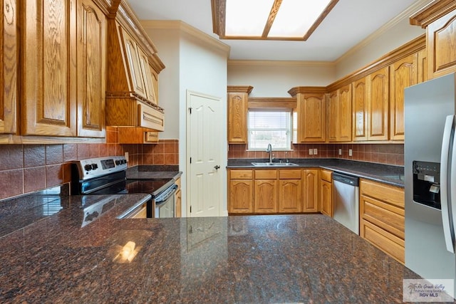 kitchen with sink, ornamental molding, stainless steel appliances, and tasteful backsplash