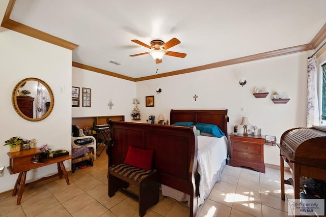 bedroom featuring light tile patterned floors, ceiling fan, and crown molding