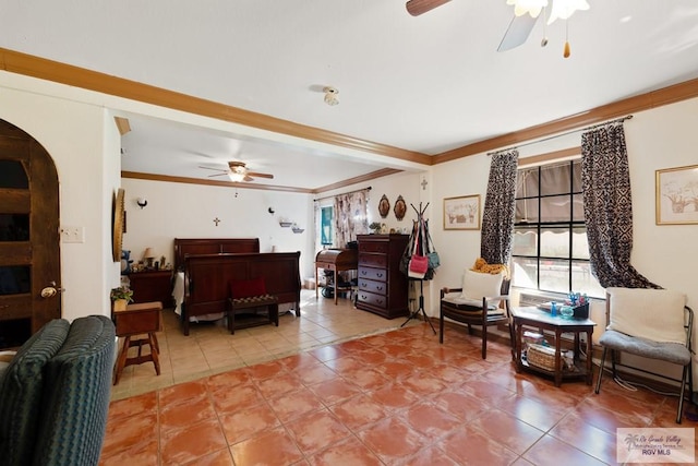 interior space featuring ceiling fan and ornamental molding