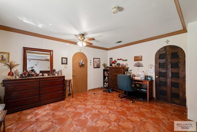 home office featuring ceiling fan and crown molding