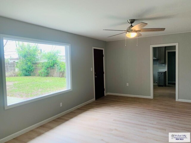 spare room with light hardwood / wood-style floors, plenty of natural light, and ceiling fan