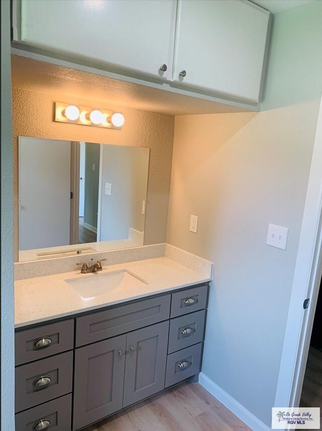 bathroom with vanity and hardwood / wood-style flooring