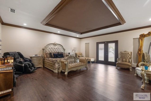 bedroom featuring dark wood-type flooring, access to outside, french doors, ornamental molding, and a tray ceiling