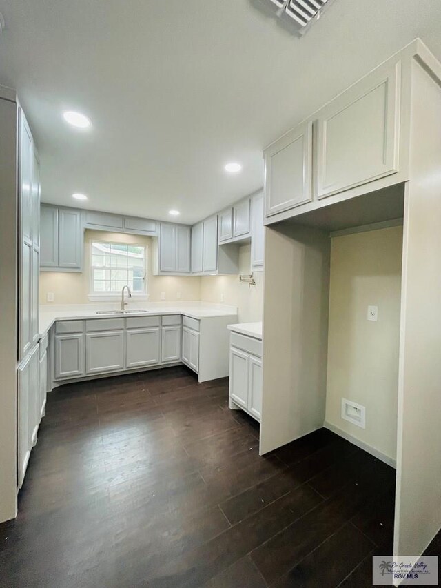 kitchen with white cabinetry, sink, and dark wood-type flooring
