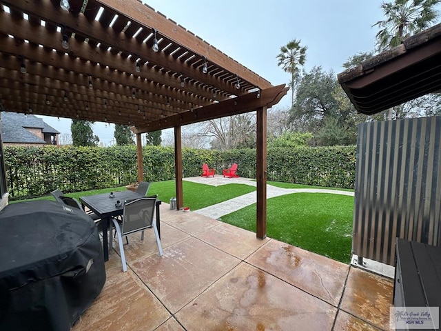 view of patio with outdoor dining space, area for grilling, a fenced backyard, and a pergola