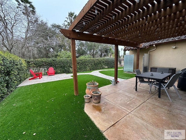 view of patio / terrace featuring outdoor dining space, a fenced backyard, and a pergola