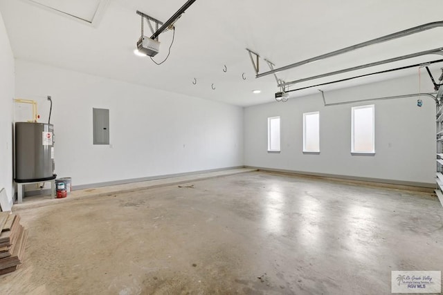 garage with a garage door opener, electric panel, and electric water heater