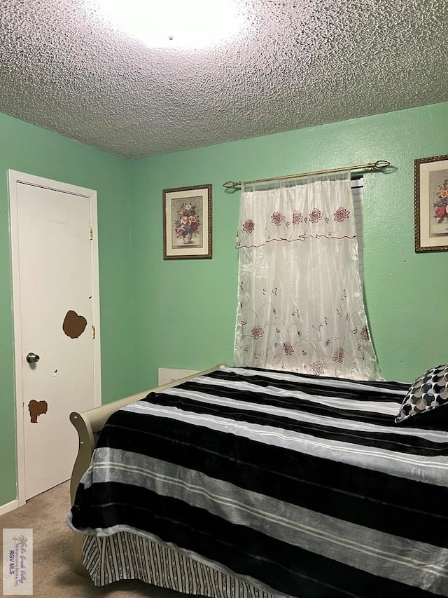 bedroom featuring carpet flooring and a textured ceiling