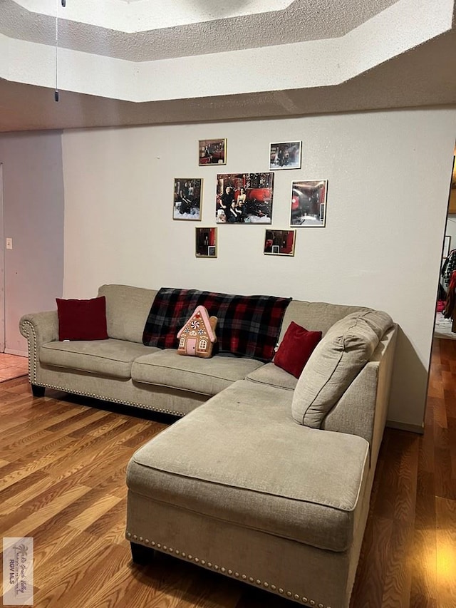 living room with hardwood / wood-style floors and a textured ceiling