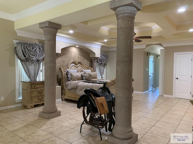 tiled bedroom featuring decorative columns, beamed ceiling, coffered ceiling, and ornamental molding