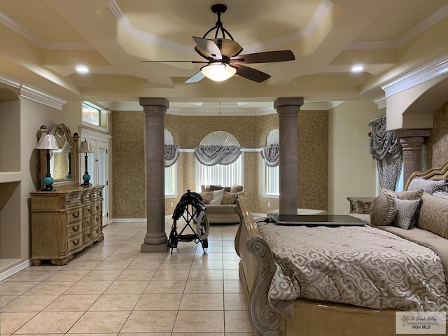 tiled bedroom with ceiling fan, ornate columns, and crown molding