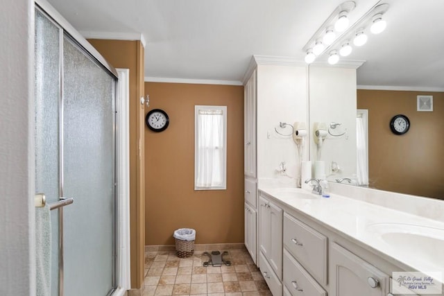 413 Cooper Ln Unit 24, 25, 26, La Feria, TX 78559 - full bathroom featuring a stall shower, double vanity, baseboards, and ornamental molding
